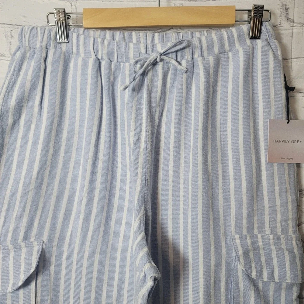 Happily Grey Pajama Pants Womens Small Blue Striped Cargo Wide Leg Cotton Lounge